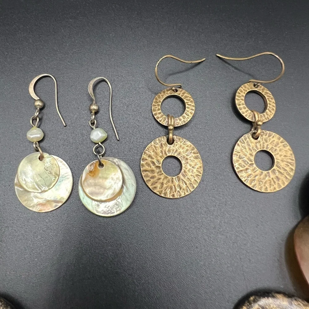 Boho Brown and Gold Colored Necklace and Earring Set Mother of Pearl Wood